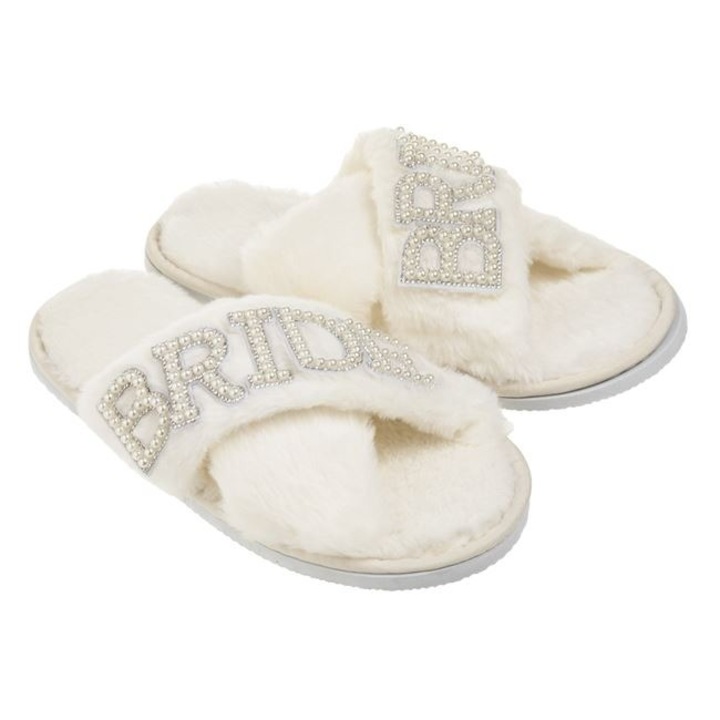 Papuci mireasa albi cu model „BRIDE”, strasuri si margele – Papuci bachelorette, ANTBRO®