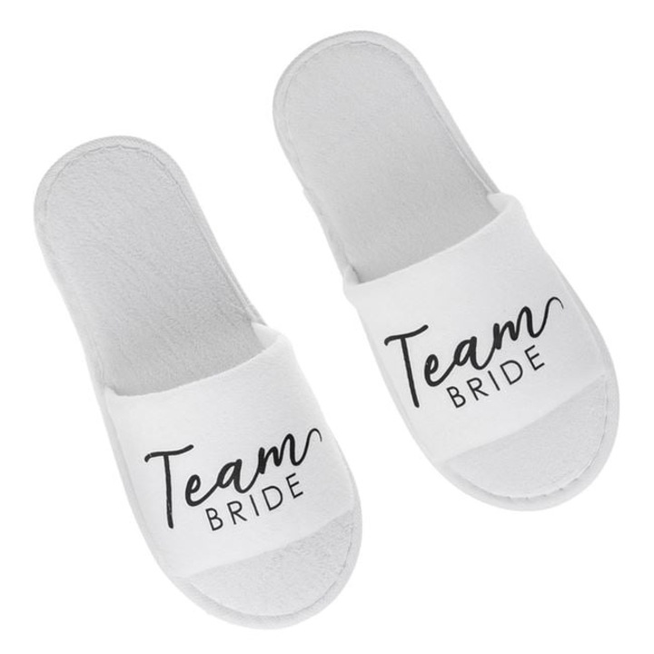 Papuci de casa albi decupati cu imprimeu negru „Team Bride” – Accesoriu chic pentru petrecerea burlacitelor – ANTBRO®