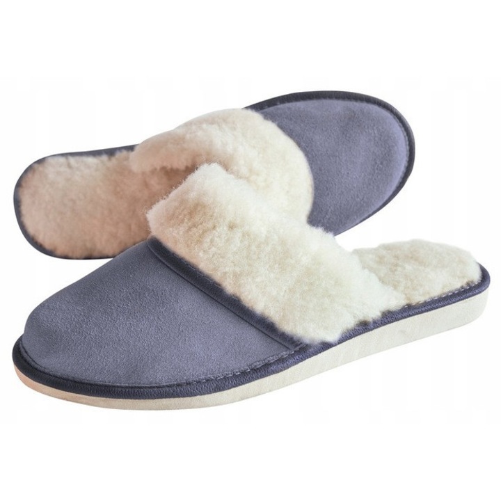 Papuci Caldurosi de Dama din Lana de oaie, Piele Naturala, Albastru Deschis 39 EU