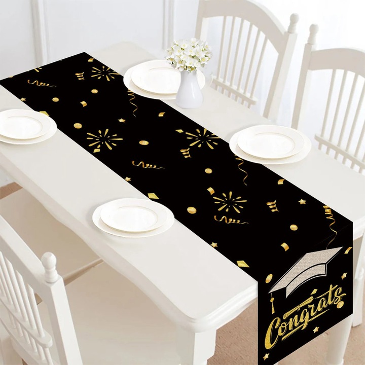 YANYXR BCS3146170 asztali futó, ballagási témájú, vászonból, arany konfetti mintával, fekete arannyal, 11.81 x 71.65 in