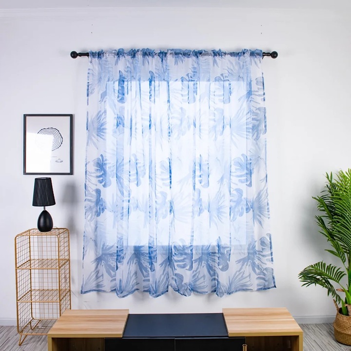 Draperie YANYXR, set 2 piese, voal cu model copaci, albastru, 100x200cm