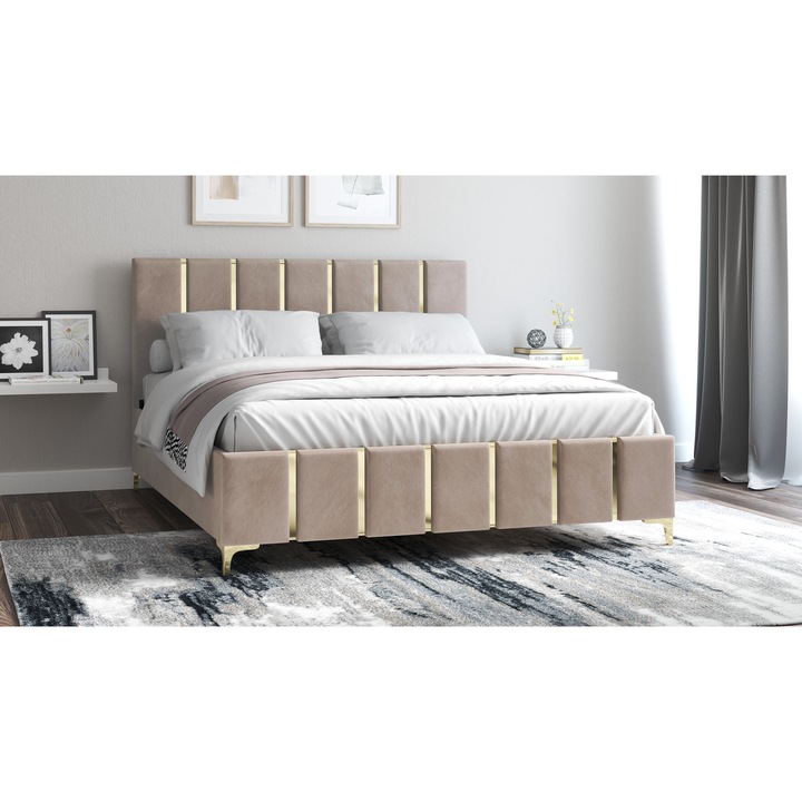 Pat Venezia, 160x200 cm, cu picioare, cappuccino/auriu, suport saltea