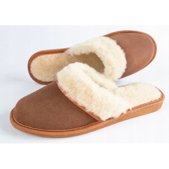 Papuci Caldurosi de Dama din Lana de oaie, Piele Naturala, Maro Deschis 39 EU