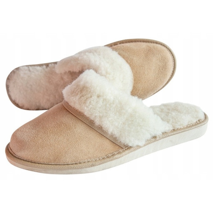 Papuci Caldurosi de Dama din Lana de oaie, Piele Naturala, BEJ 37 EU