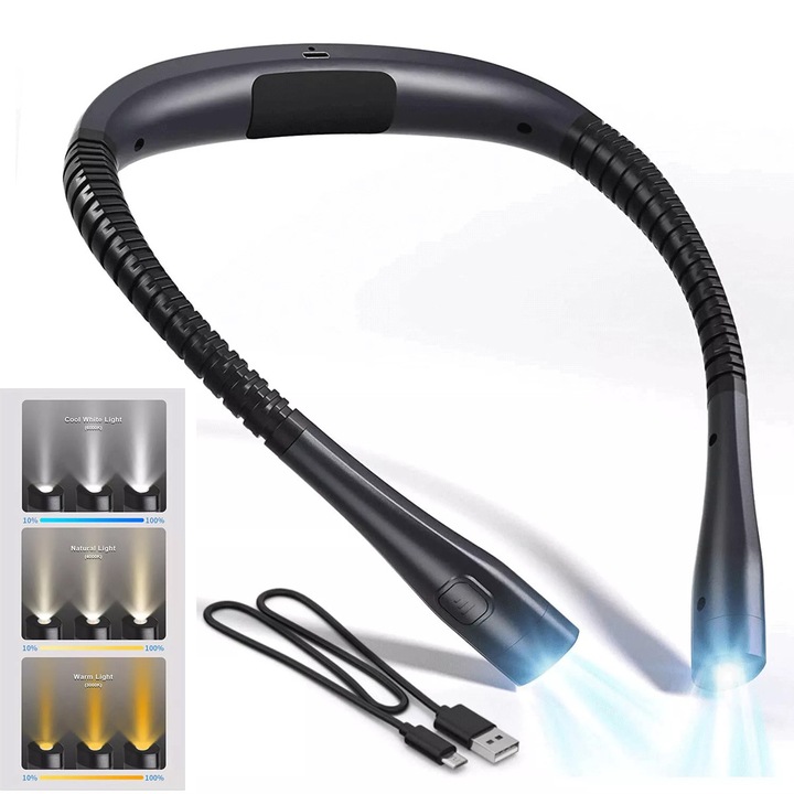 Lumina pentru Citit cu Pozitionare pe Gat, SAMOLEUS, cu 3 culori, 3 niveluri de luminozitate, Reincarcabila USB, Portabila, Lumina de citire LED pentru citit, Crafting, tricotat, Camping, reparatii, cadouri, neagra