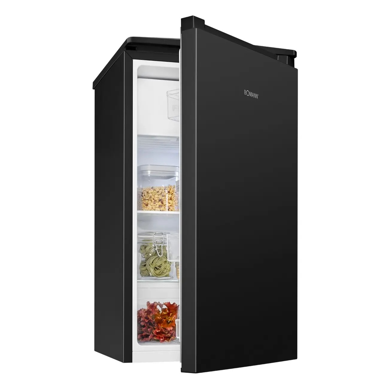 Mini frigider Bomann, H 83.5 cm, volum 91 litri, congelator 3 litri, consum redus, 2 rafturi sticla securizata, 3 compartimente usa, control temperatura, iluminat interior LED, silentios, usa reversibila, compartiment legume/fructe, suport oua, negru