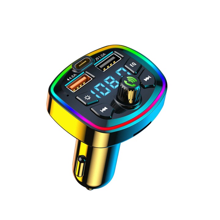 FM Modulátor, SAMOLEUS, Bluetooth 5.0 FM Transmitter, 3.1A gyorstöltés, Digitális kijelző, U Disk/TF kártya támogatás, RGB világítás, fekete, 7.5x5.2x4.5cm