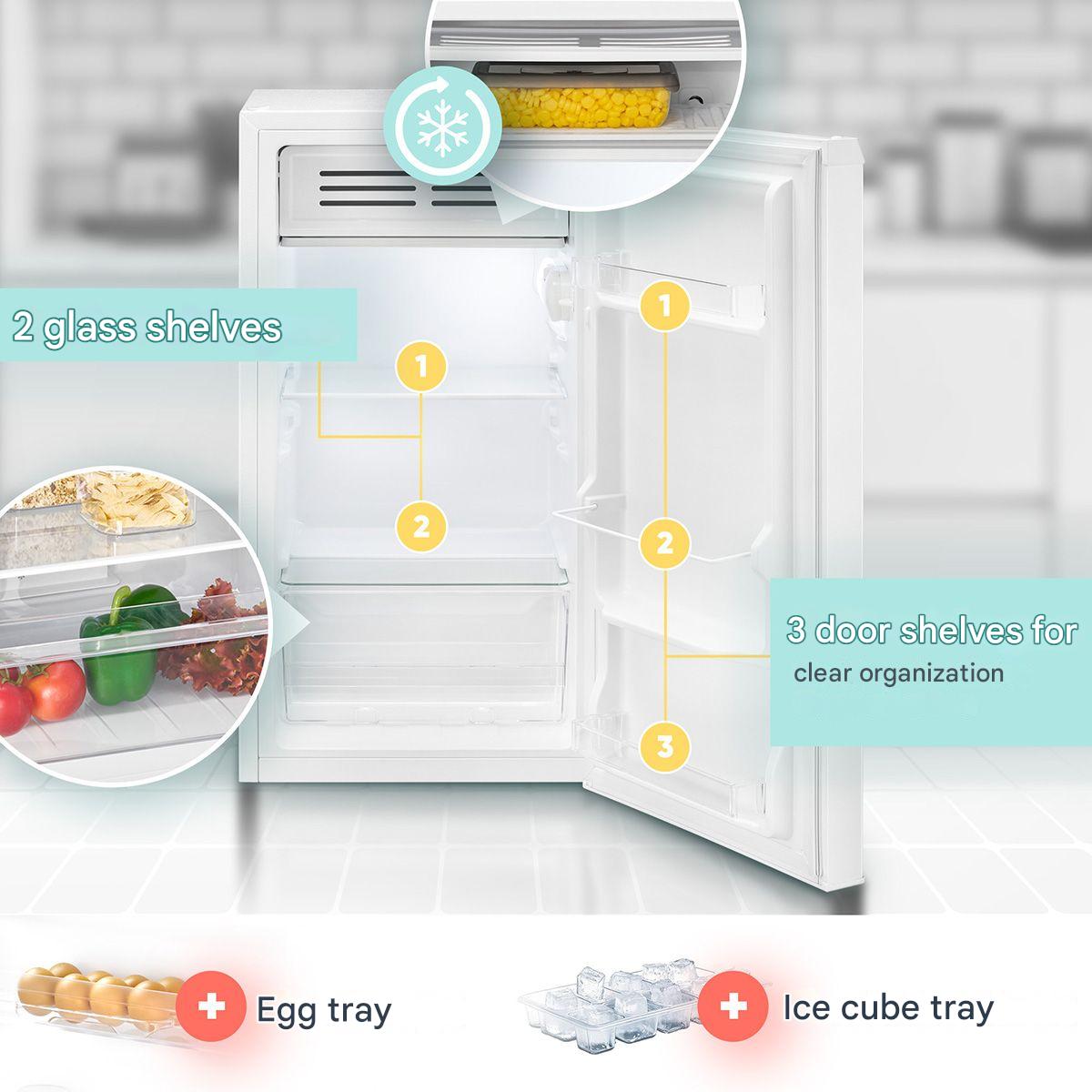 Frigider Bomann, KS7257W, H 85 cm, volum 83 litri, congelator integrat, consum redus, 2 rafturi sticla securizata, 3 compartimente usa, control temperatura, iluminat interior LED, silentios, usa reversibila, compartiment legume/fructe, suport oua, alb