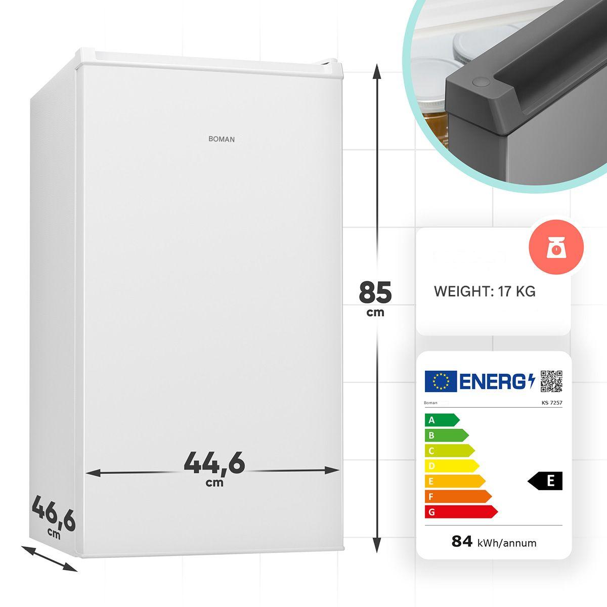 Frigider Bomann, KS7257W, H 85 cm, volum 83 litri, congelator integrat, consum redus, 2 rafturi sticla securizata, 3 compartimente usa, control temperatura, iluminat interior LED, silentios, usa reversibila, compartiment legume/fructe, suport oua, alb