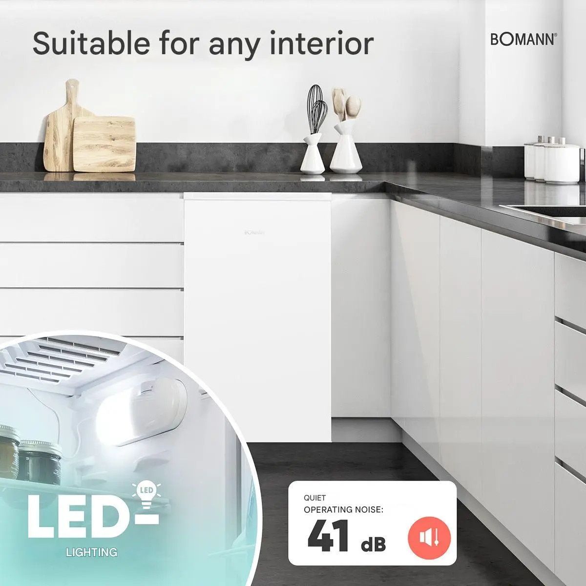 Frigider Bomann, KS7257W, H 85 cm, volum 83 litri, congelator integrat, consum redus, 2 rafturi sticla securizata, 3 compartimente usa, control temperatura, iluminat interior LED, silentios, usa reversibila, compartiment legume/fructe, suport oua, alb