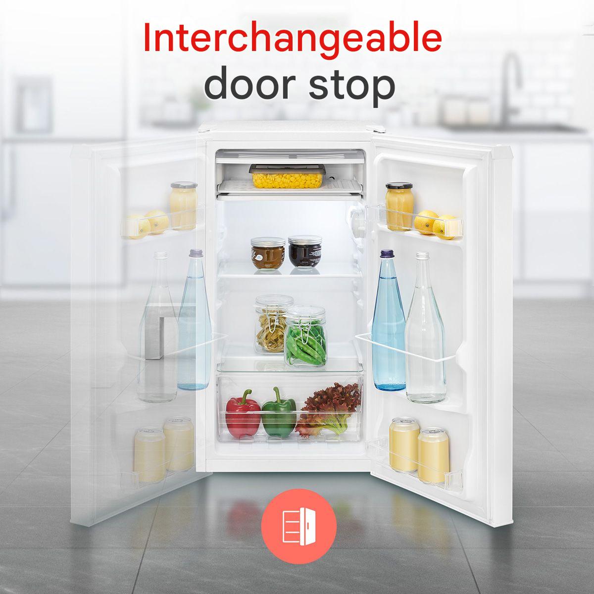 Frigider Bomann, KS7257W, H 85 cm, volum 83 litri, congelator integrat, consum redus, 2 rafturi sticla securizata, 3 compartimente usa, control temperatura, iluminat interior LED, silentios, usa reversibila, compartiment legume/fructe, suport oua, alb