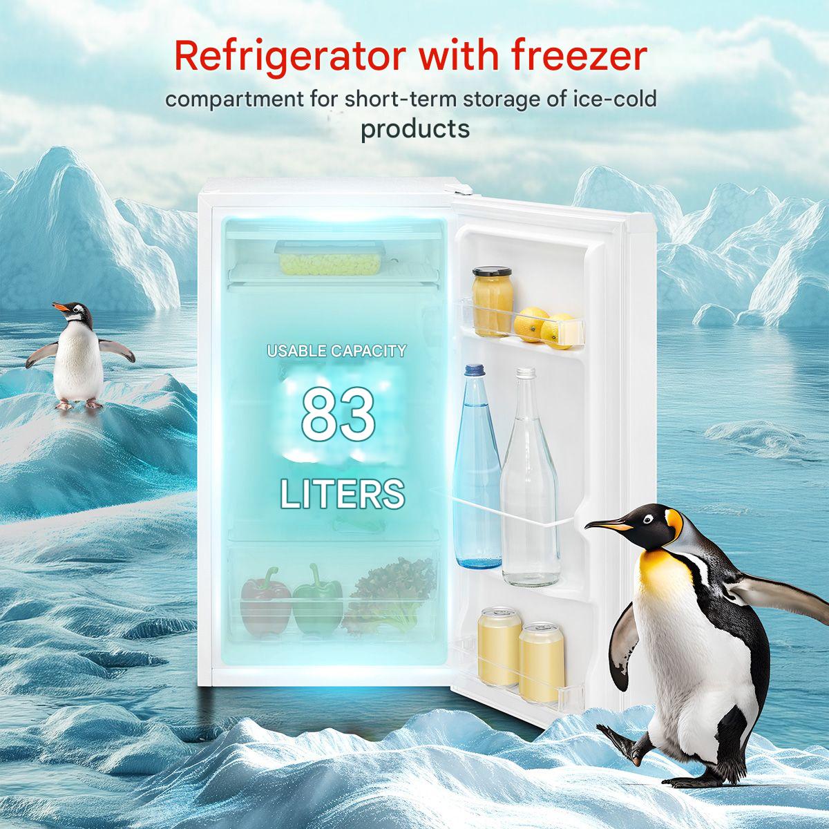 Frigider Bomann, KS7257W, H 85 cm, volum 83 litri, congelator integrat, consum redus, 2 rafturi sticla securizata, 3 compartimente usa, control temperatura, iluminat interior LED, silentios, usa reversibila, compartiment legume/fructe, suport oua, alb