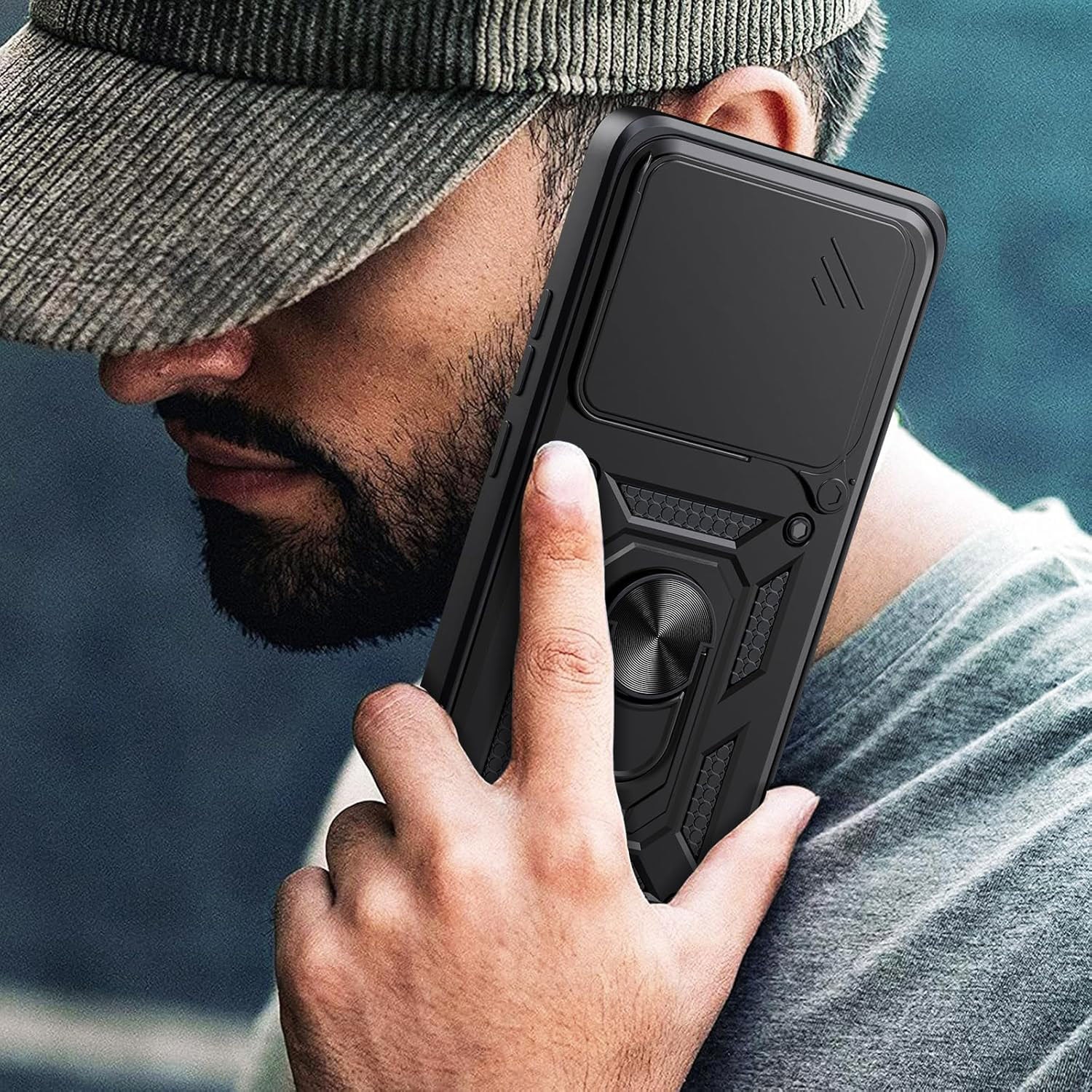 Husa telefon mobil pentru Xiaomi 14T Pro, Suport rotativ la 360°, Protectie lentile, Cu suport magnetic rezistent la socuri, Oududianzi, TPU/PC, Negru