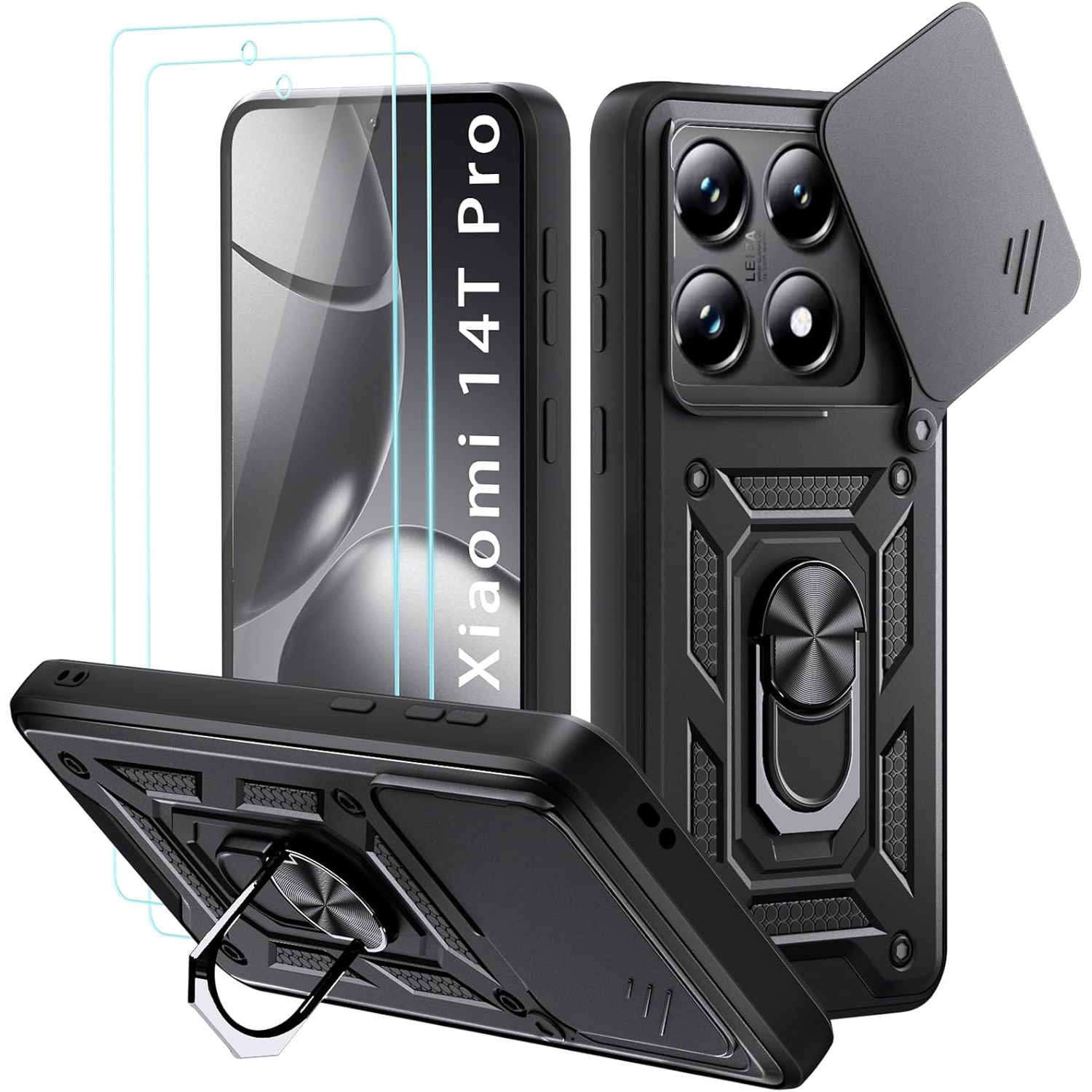 Husa telefon mobil pentru Xiaomi 14T Pro, Suport rotativ la 360°, Protectie lentile, Cu suport magnetic rezistent la socuri, Oududianzi, TPU/PC, Negru