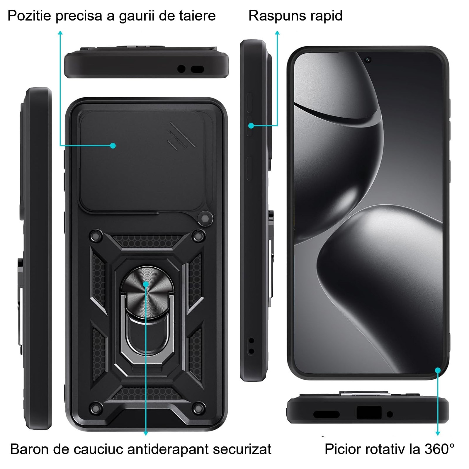 Husa telefon mobil pentru Xiaomi 14T Pro, Suport rotativ la 360°, Protectie lentile, Cu suport magnetic rezistent la socuri, Oududianzi, TPU/PC, Negru