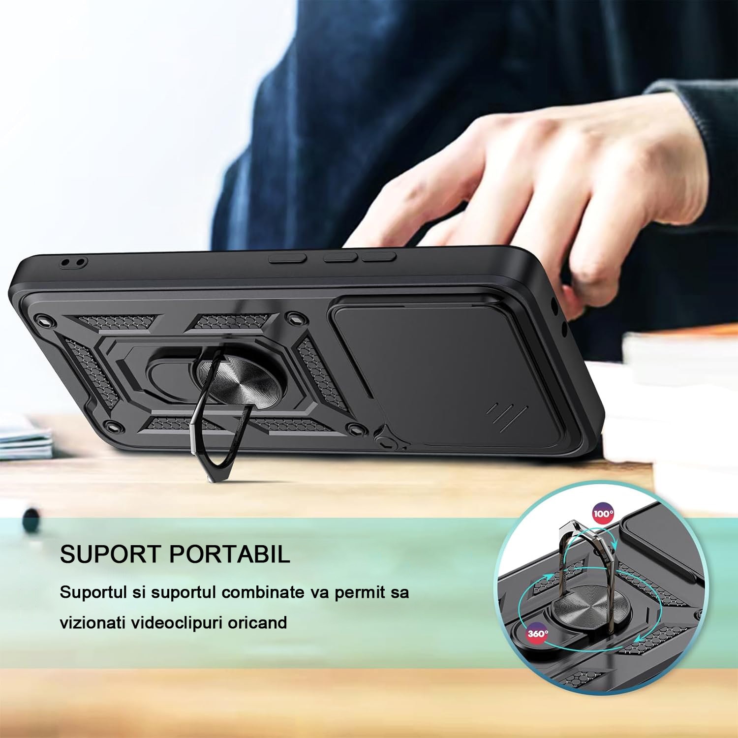 Husa telefon mobil pentru Xiaomi 14T Pro, Suport rotativ la 360°, Protectie lentile, Cu suport magnetic rezistent la socuri, Oududianzi, TPU/PC, Negru