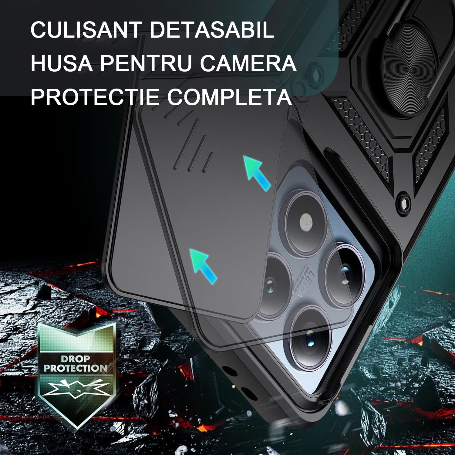 Husa telefon mobil pentru Xiaomi 14T Pro, Suport rotativ la 360°, Protectie lentile, Cu suport magnetic rezistent la socuri, Oududianzi, TPU/PC, Negru
