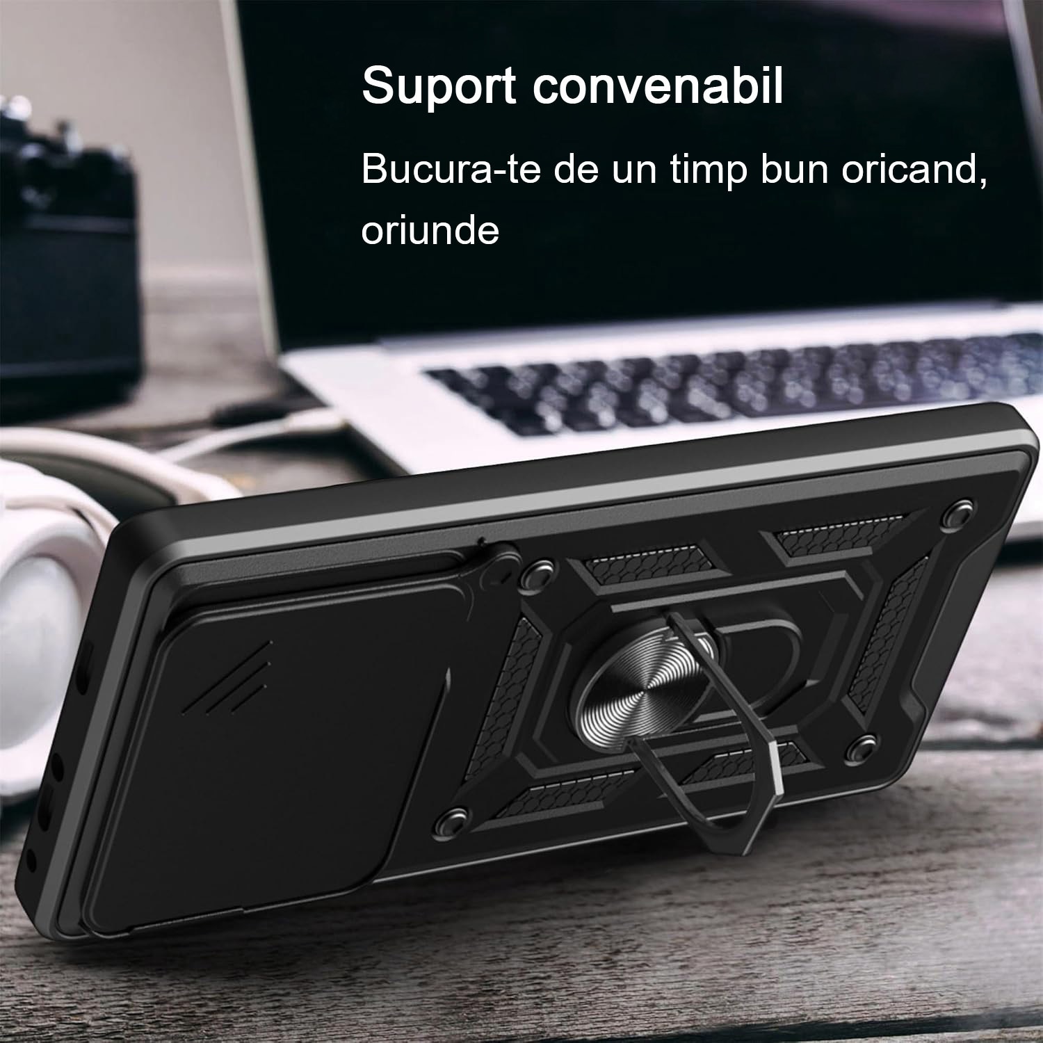 Husa telefon mobil pentru Xiaomi 14T Pro, Suport rotativ la 360°, Protectie lentile, Cu suport magnetic rezistent la socuri, Oududianzi, TPU/PC, Negru