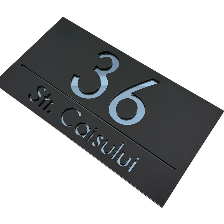 Placuta numar casa, Negru Satinat, Gri Antracit Oglinda, 28x15cm