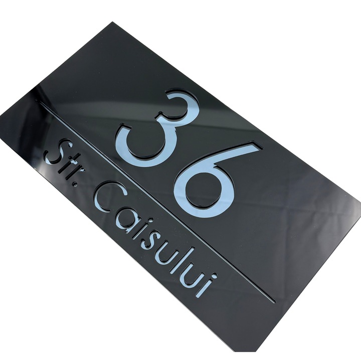 Placuta numar casa, Negru Lucios, Gri Antracit Oglinda, 28x15cm