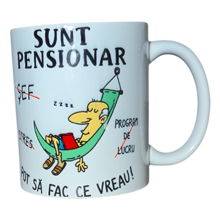 Cana amuzantă pensionar, ceramică, design vesel, 300ml