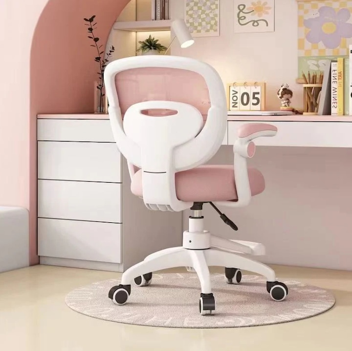 Scaun de birou, hidraulic si pivotant, pentru copii, rotativ cu sezut din spuma, spatar ergonomic, culoare roz