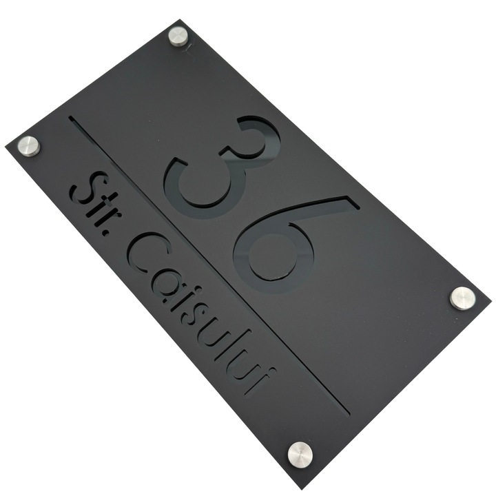 Placuta numar casa, Negru Satinat, Negru Lucios, 4 Distantieri Argintii, 28x15cm