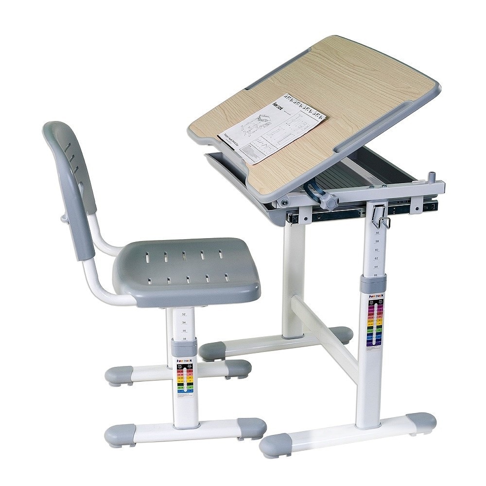 Birou reglabil cu scaunel reglabil, cu sertar, Picolo, Gri