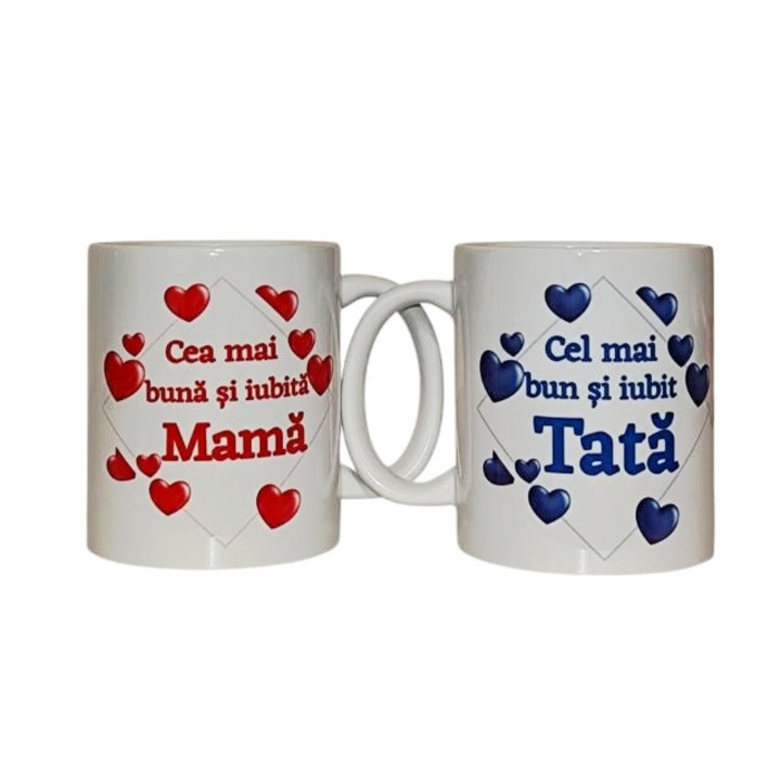 Set 2 cani personalizate pentru Mama si Tata, ceramica, albe, 330 ml