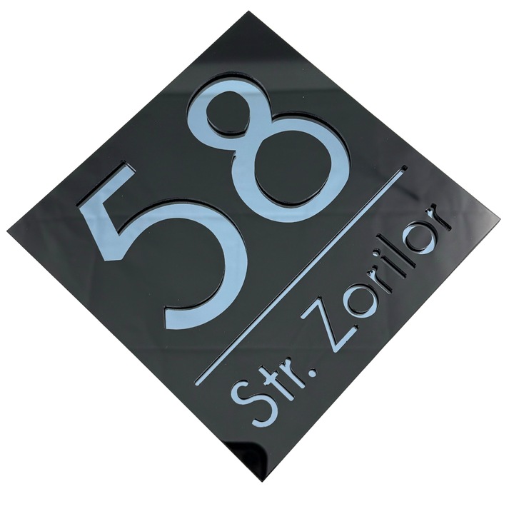 Placuta numar casa, Negru Lucios, Gri Antracit Oglinda, 17x17cm