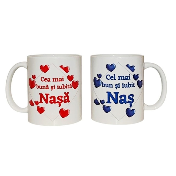 Set 2 cani personalizate pentru Nasa si Nas, ceramica, albe, 330 ml