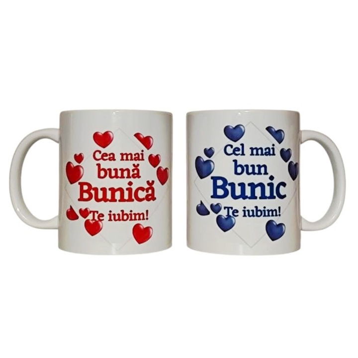 Set 2 cani personalizate pentru Bunica si Bunic, ceramica, albe, 330 ml