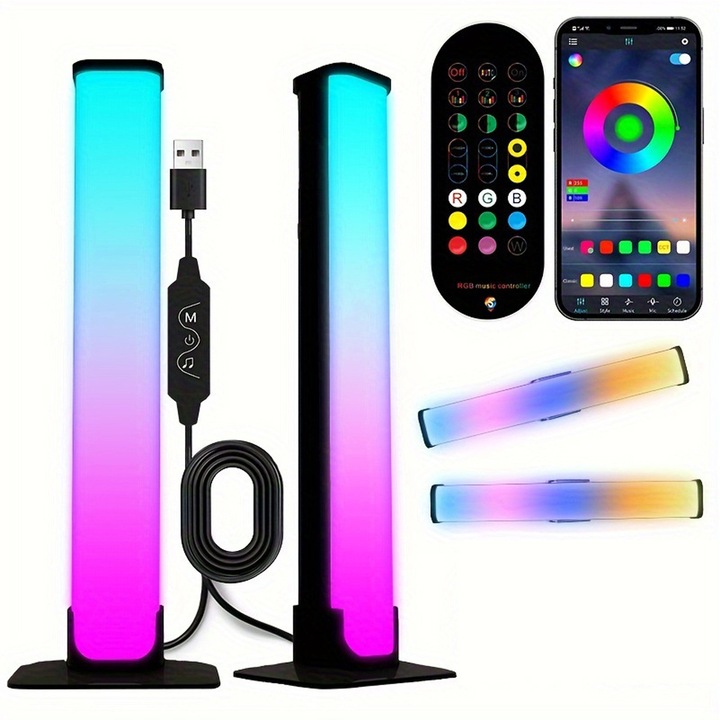 Комплект от 2 LED смарт лампи, RGB светлинна лента, Axroad Mall, С дистанционно управление, Регулируема интензивност, Синхронизация с музика, 9x25см, Черен