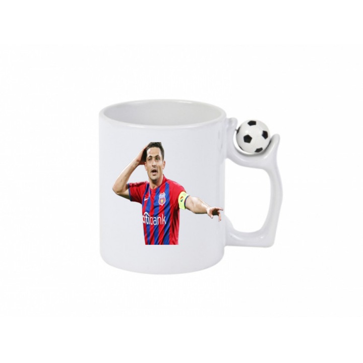 Cana ceramica cu maner fotbal antistres ''Mirel Radoi - capitan Steaua Bucuresti', CadoulTauPreferat, alba, 350 ml