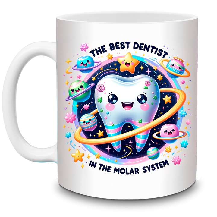 Bögre, ajándék fogorvosoknak, "the best dentist in the molar system" - a legjobb fogorvos, fehér kerámia, 330 ml, vicces felirat, színes dizájn univerzummal és foggal