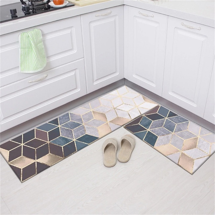 Set 2 covoare bucatarie, microfibra superabsorbanta, antiderapant, multicolor, 40x60cm si 40x120cm
