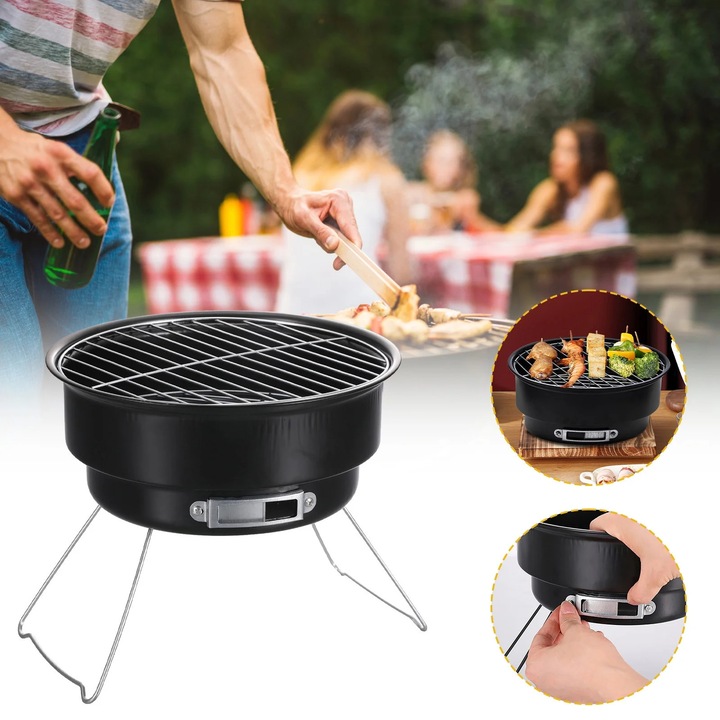Gratar rotund portabil ZYBLSSBB LSM2xh3262-BCS0229372, inox alimentar cu tigaie antiaderenta cu strat ceramic si gratar cu plasa, pliabil, negru
