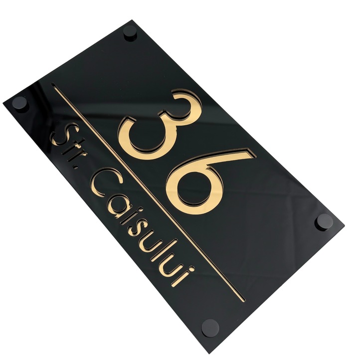 Placuta numar casa, Negru Lucios, Auriu Oglinda, 4 Distantieri Negrii, 28x15cm