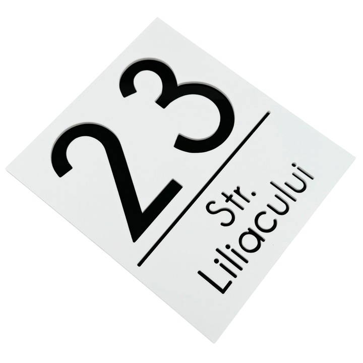 Placuta numar casa, Alb Satinat, Negru Lucios, 18x16cm