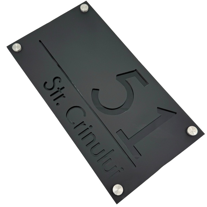 Placuta numar casa, Negru Satinat, Negru Lucios, 4 Distantieri Argintii, 28x15cm