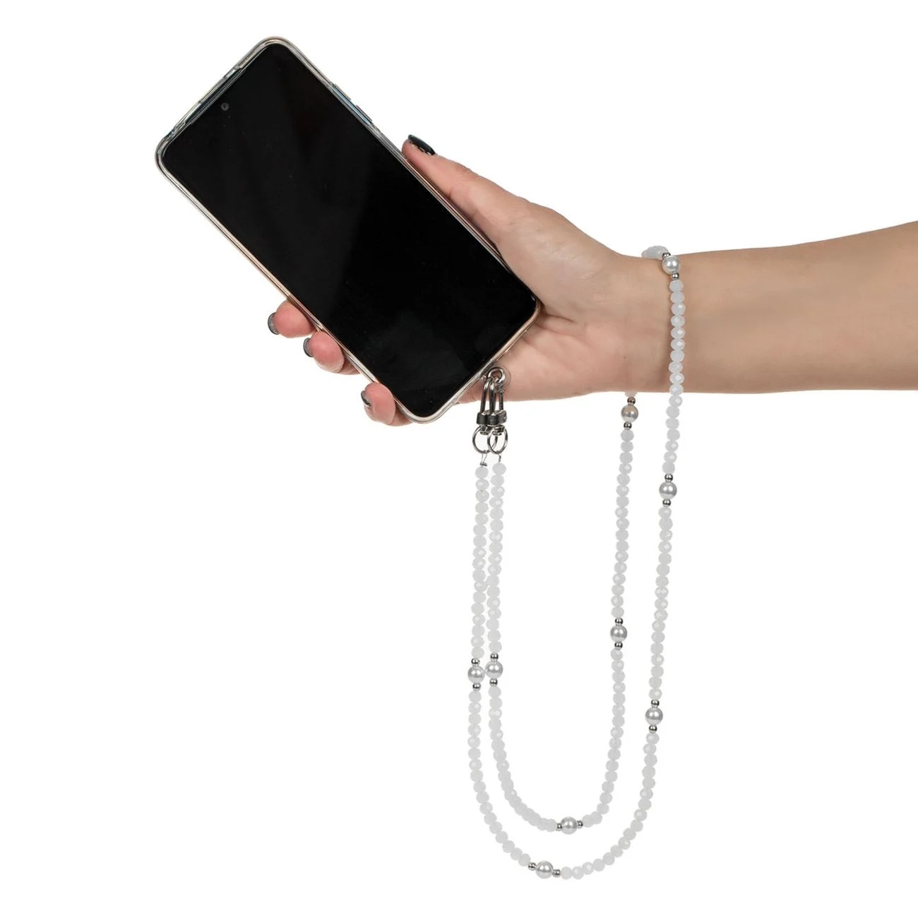 Curea de gat rozariu frosty cu perle albe pentru husa telefon mobil 48cm