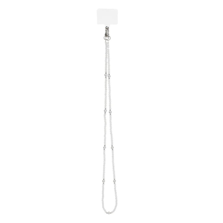 Curea de gat rozariu frosty cu perle albe pentru husa telefon mobil 48cm