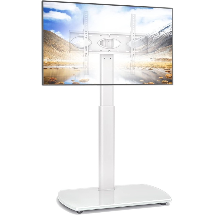 Stand TV Mobil Pe Roti, Inaltime reglabila, Vesa 400 x 400, Max 35 KG, Sticla Temperata - CN