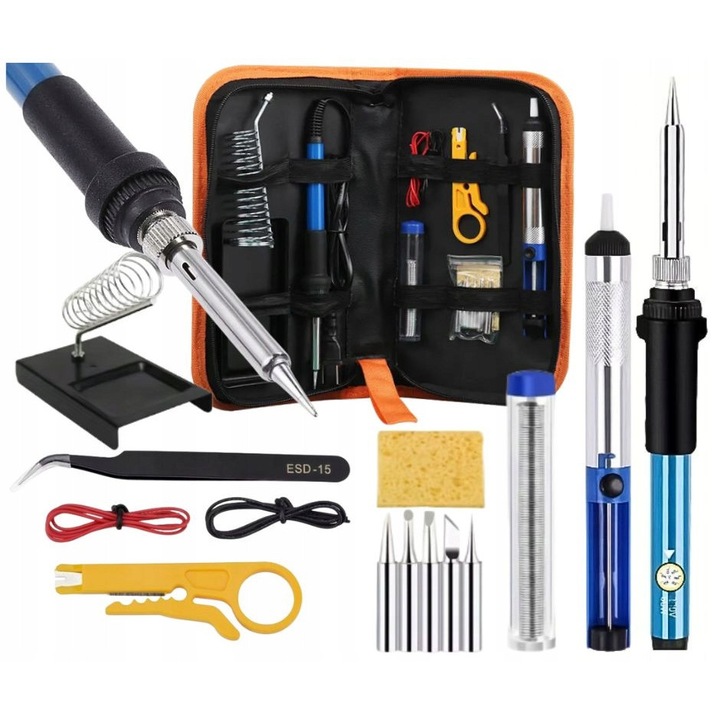 Set de lipit 60W, 15 piese, temperatura reglabila, etui de transport