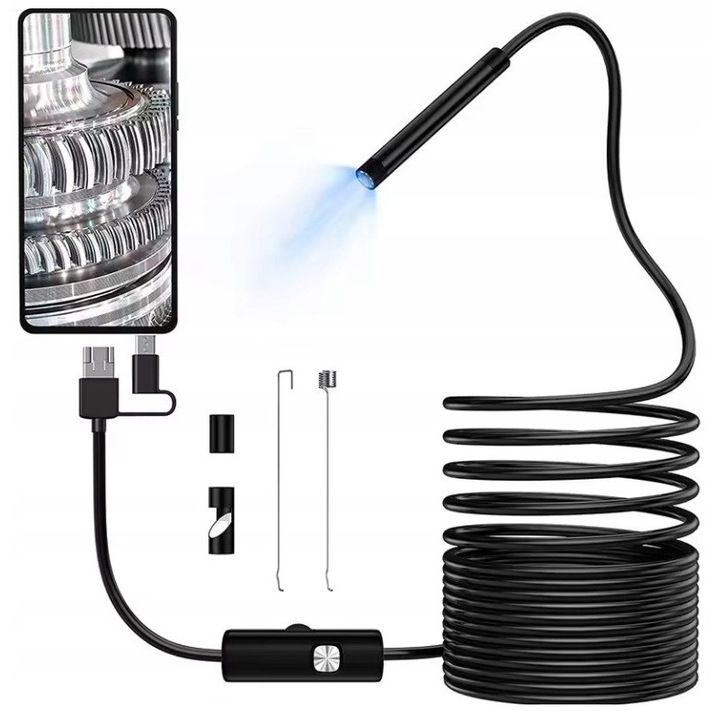 Vizsgálókamera, PrzyPas, USB-C/microUSB/USB endoszkóp, LED, IP67 vízállóság, flexibilis kábel, 6 LED, telefonhoz és laptophoz, tartozékok: akasztó, mágnes, tükör, 1 m hosszú, fekete
