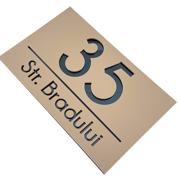 Placuta numar casa, Crem Satinat, Gri Antracit Oglinda, 24x15cm