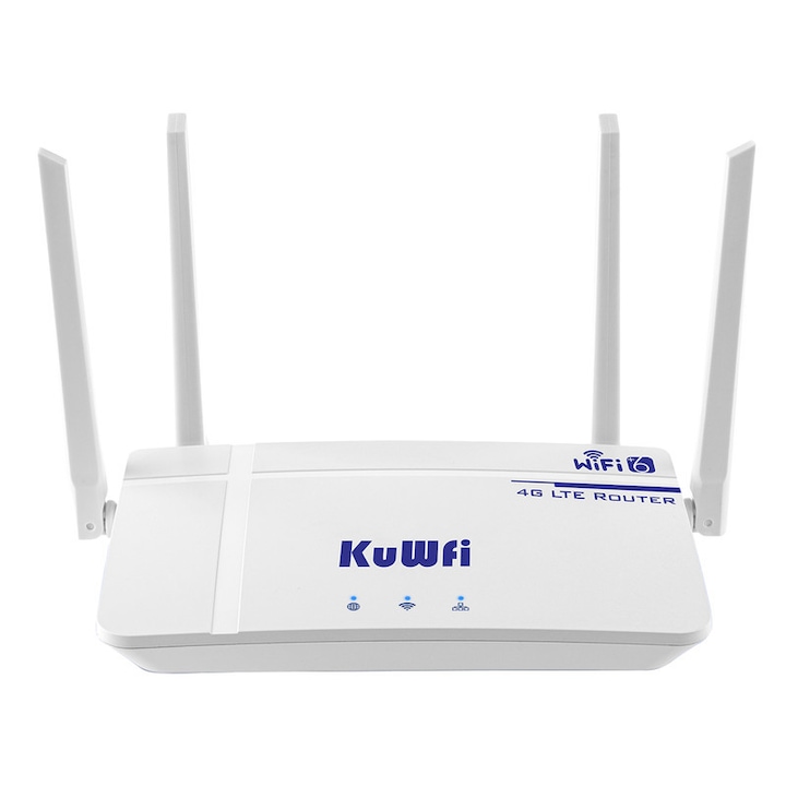 Router 4G LTE KuWFi CAT4, 300Mbps, Wi-Fi 2.4GHz, 4 antene externe, slot Nano SIM, suport pentru 10 utilizatori