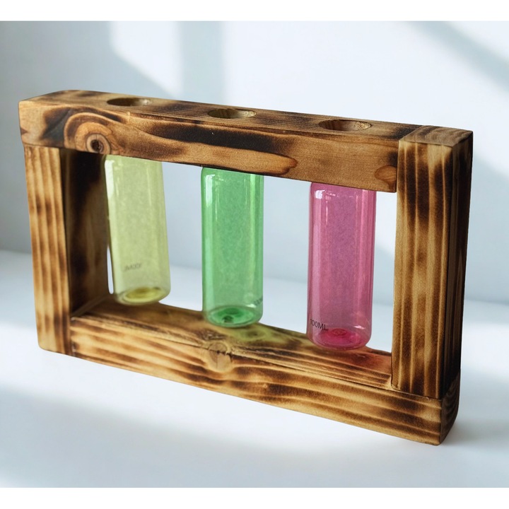 Suport flori handmade din lemn ars, cu 3 sticlute colorate – decor rustic elegant pentru casa sau birou