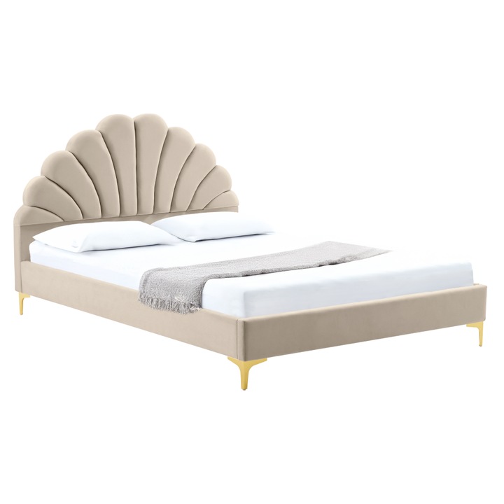 Pat tapitat, in forma de scoica, bej, picioare din metal, livrat cu gratar, fara saltea, elegant si modern, 160x200 cm