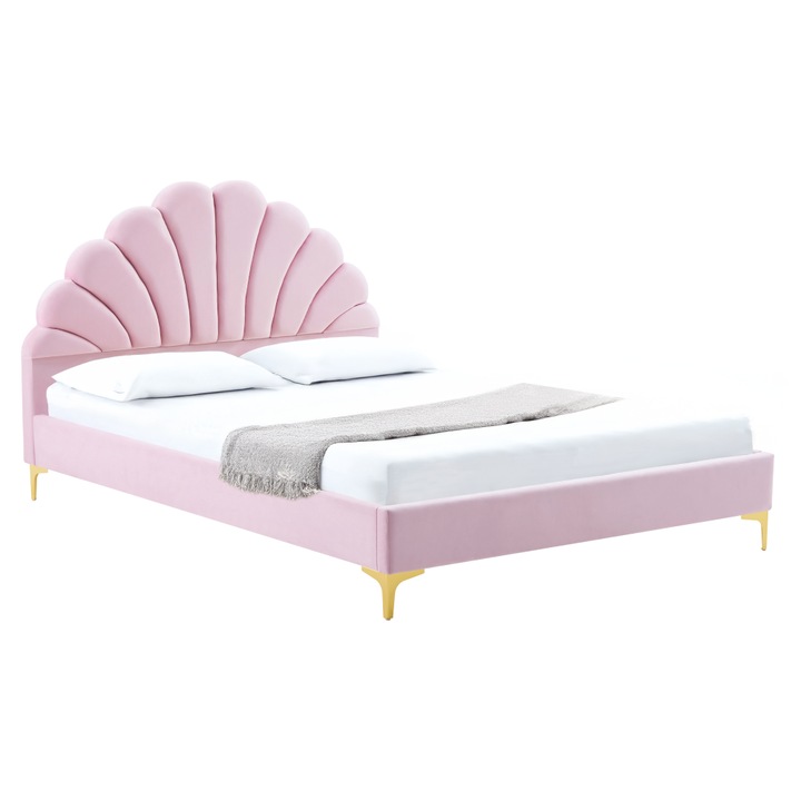 Pat tapitat scoica roz, picioare metalice aurii, 140x200 cm, MDF